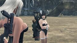 age_difference black_hair bob_cut breasts bunny_ears bunny_girl bunnysuit dark-skinned_female dark_skin disgusted elma_(xenoblade_x) fishnet_stockings hair hair_ornament lin_lee_koo nintendo size_difference white_hair xenoblade_(series) xenoblade_chronicles_x yuri