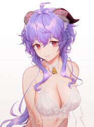 adeptus big_breasts blue_hair bra breasts choker cowbell dasu ganyu_(genshin_impact) genshin_impact highres horns lace lingerie purple_eyes qilin red_eyes