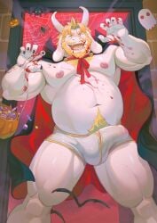 2024 anthro areola asgore_dreemurr barazoku beard belly biceps big_belly big_bulge big_muscles blood bodily_fluids body_hair boss_monster_(undertale) bovid briefs building bulge candy cape caprine claws clothed clothing container costume crown dessert door erection erection_under_clothing eyebrows facial_hair fangs food frde front_view goat hair halloween halloween_decoration happy_trail headgear hi_res holidays horn house huge_belly huge_bulge huge_muscles kemono looking_at_viewer male mammal musclegut muscular muscular_anthro muscular_male navel nipples open_mouth open_smile overweight overweight_anthro overweight_male pecs pubes smile solo spider_web standing teeth thick_arms thick_thighs topless topless_anthro topless_male undertale_(series) underwear vampire_costume