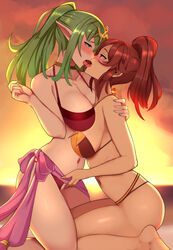 2021 2girls alternate_costume anna_(fire_emblem) anna_(fire_emblem_awakening) arm_around_shoulder arm_around_shoulders asymmetrical_docking backlighting bare_legs bare_shoulders barefoot beach belly_button between_breasts bikini bikini_aside blurry_background blush breast_press breasts brown_bikini cleavage collarbone commentary crotchless_bikini english_commentary evening eye_contact female female_focus female_only fingering fingering_partner fire_emblem fire_emblem_awakening fire_emblem_heroes french_kiss from_side gradient_sky green_eyes green_hair hair_ornament horizon hug kiss kissing kneeling lainart large_breasts long_ears long_hair looking_at_another medium_hair multiple_girls navel nintendo nose_blush ocean official_alternate_costume open_mouth outdoors pointy_ears ponytail profile pussy red_bikini red_eyes red_hair red_swimsuit saliva sarong sideboob sitting sky slim_waist sunlight sunset swimsuit tan thick_thighs thighs tiara tiki_(adult)_(fire_emblem) tiki_(adult)_(summer)_(fire_emblem) tiki_(fire_emblem) tongue tongue_kiss tongue_out wariza yuri