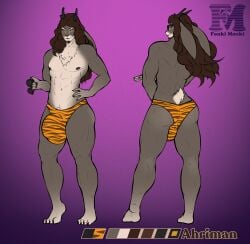 ahriman brown_hair character_sheet fonkimonki furry horn horns jackalope long_hair muscular muscular_male rabbit reference_sheet speedo wavy_hair yellow_eyes