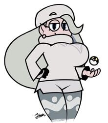 1girls alternate_breast_size big_breasts blue_eyes breasts clothed cowboy_shot female fully_clothed jinnsart large_breasts long_hair looking_at_viewer melony_(pokemon) nintendo pac-man_eyes pokeball pokemon pokemon_ss round_breasts solo_female tagme thick_thighs ultra_ball