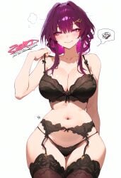 ai_generated ass_visible_through_thighs bare_arms bare_belly bare_shoulders belly_button big_breasts black_bra blush bra breasts brown_thighhighs cleavage closed_mouth collarbone earrings garter_belt garter_straps hair_ornament honkai:_star_rail kafka_(honkai:_star_rail) lace-trimmed_bra lingerie mature_female medium_hair purple_eyes purple_hair shiny_skin smile strap_pull thighhighs thighs underwear zenonde2nd zettai_ryouiki