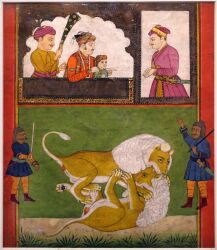 19th_century absurd_res ancient_art arm_bite backsack balls biped bite biting_another biting_head claws clothed clothed_human clothed_male clothing facial_hair fangs felid feral fight finger_claws flower gem genitals group headgear headwear hi_res holding_object human indian_clothing jewelry leaf lion lying lying_on_ground male male_feral male_human mammal mane melee_weapon moustache necklace on_back on_ground painting_(artwork) pantherine pearl_(gem) pearl_necklace plant quadruped religious_clothing religious_headwear scabbard side_view sword tail tail_tuft teeth toe_claws traditional_media_(artwork) traditional_painting_(artwork) tuft turban unknown_artist weapon yellow_body