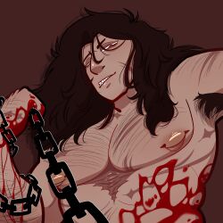 blood body_hair chains chest_hair dark_hair hairy hairy_male long_hair male male_focus messy_hair nipple_piercing nipples pov pov_eye_contact punishment_(dxpperx) red_eyes scars sharp_teeth teeth zestyskele