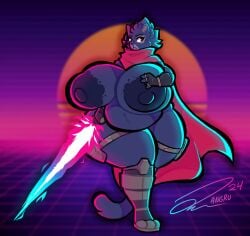 angrupan anthro armor belly big_breasts big_nipples breasts cape clairen_(rivals_of_aether) clothing domestic_cat felid feline felis female hi_res mammal mostly_nude nipples rivals_of_aether slightly_chubby solo thick_thighs