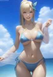 ai_generated bangs belly_button big_breasts blonde_hair blue_eyes boku_wa_tomodachi_ga_sukunai breasts cloud collarbone covered_nipples curvaceous curvy curvy_figure female female_only front_view hair_ornament looking_at_viewer nai_diffusion navel open_mouth outdoors ponytail pujopg revealing_clothes revealing_swimsuit seaside sena_kashiwazaki sidelocks solo solo_female swimsuit thong wide_hips