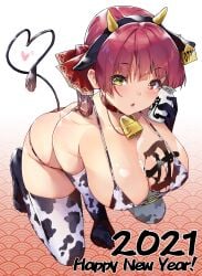 2021 absurdres animal_ears animal_print bell bent_over bikini blush bottle breasts cleavage collar cow_ears cow_horns cow_print cow_tail ear_tag elbow_gloves fake_animal_ears fake_horns fake_tail female gloves hair_ribbon happy_new_year heterochromia highres holding holding_bottle hololive horns houshou_marine koubou_(cowbow_kun) large_breasts looking_at_viewer milk_bottle neck_bell new_year o-ring o-ring_top red_eyes red_hair red_ribbon ribbon short_hair short_twintails solo swimsuit tail thighhighs twintails virtual_youtuber yellow_eyes