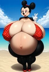 1girls ai_generated beach bikini disney female_focus female_only hairbow huge_breasts hyper_breasts hyper_pregnancy massive_belly milf minnie_mouse pregnant pregnant_female public_domain red_bikini shortstack silenteye spotted_bikini wide_hips