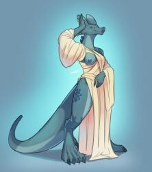 absurd_res anthro blue_background blue_body blue_scales breasts claws clothing dewclaw exposed_breasts female grand_duchess_philomena grand_kobold hi_res lipstick long_tail luxar92 makeup piercing pinup pose scales scalie simple_background solo tail thick_tail toga