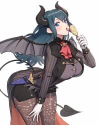 1girls ass bent_over blue_eyes breasts byleth_(fire_emblem) byleth_(fire_emblem)_(female) candy dagger fire_emblem fire_emblem:_three_houses glove gonzarez halloween halloween_costume horn knife licking lollipop nintendo solo stockings succubus succubus_horns succubus_tail succubus_wings tail teal_hair tongue tongue_out weapon wings