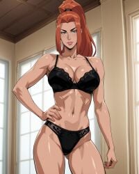 ai_generated artemis_(dc) artemis_of_bana-mighdall black_underwear bra dc dc_comics green_eyes lacy_bra lacy_panties large_ass large_breasts ponytail red_hair toned toned_female underwear
