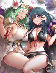 2girls abs absurdres alternate_costume bangs bikini black_bikini black_swimsuit blue_eyes blue_hair blush breast_press breasts byleth_(fire_emblem) byleth_(fire_emblem)_(female) byleth_(summer)_(fire_emblem)_(female) cape cleavage closed_mouth dagger exercise female_only fire_emblem fire_emblem:_three_houses fire_emblem_heroes flower forehead gonzarez green_eyes green_hair hair_between_eyes hair_flower hair_ornament hand_on_another's_face hand_on_another's_head hibiscus highres holding knife large_breasts long_hair looking_at_another looking_to_the_side lying multiple_girls navel nintendo official_alternate_costume parted_lips petals pink_lips red_flower rhea_(fire_emblem) rhea_(summer)_(fire_emblem) sheath sheathed sideboob smile sweat sweatdrop swimsuit teal_hair thighs weapon weightlifting white_bikini white_cape white_flower white_swimsuit yuri