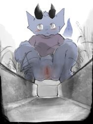 anthro black_horn blue_body blush clothing colored crouching dia_(wkme) dragon female genitals grass gutter hi_res horn mythological_creature mythological_scalie mythology nervous outside plant pussy scalie solo vulva wkme