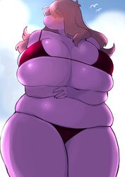 anthro belly big_breasts bikini blush bodily_fluids breasts brown_hair chubby_anthro chubby_female claws cleavage clothed clothing cloud cloudscape deltarune embarrassed female hair hair_over_eyes hi_res huge_breasts looking_away non-mammal_breasts obscured_eyes outside purple_body purple_scales scales scalie skimpy sky slightly_chubby solo susie_(deltarune) sweat swimwear thick_thighs underchikichan video_games wide_hips