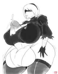 1futa autopaizuri balls balls_under_clothes black_and_white blindfold breasts breasts_bigger_than_head cum cumming futa_only futanari greyscale headband huge_balls huge_breasts huge_cock hyper hyper_balls hyper_breasts hyper_penis light-skinned_futanari light_skin monochrome nier:_automata partially_clothed penis sinful_milk solo solo_futa testicles thick_thighs thighhighs white_hair yorha_2b