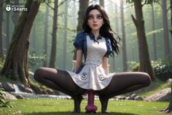 1girls ai_generated alice_(madness_returns) alice_madness_returns apron arm_support arms_behind_back artist_name black_hair black_pantyhose blue_dress blurry blurry_background breasts collared_dress dappled_sunlight day depth_of_field dildo dildo_in_pussy dildo_insertion dildo_riding dress feet female female_masturbation forest full_body gloves grass green_eyes hi_res lips lipstick long_hair looking_at_viewer makeup masturbation medium_breasts nature no_panties no_shoes nose object_insertion outdoors pantyhose parted_lips pink_lips puffy_short_sleeves puffy_sleeves pussy r34arts red_lips rock sex_toy short_sleeves solo spread_legs squatting sunlight thighband_pantyhose tiptoes torn_clothes torn_pantyhose tree uncensored vaginal_insertion vaginal_masturbation vaginal_object_insertion vaginal_penetration watermark web_address white_apron