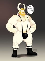 2021 anthro arm_hair asgore_dreemurr bara beard belly big_muscles bikini black_background blonde_hair blush body_hair bonicfan123 boss_monster bovid bulge caprine chest_hair closed_eyes clothing dialogue english_text facial_hair flufflecraft footwear fur garter_straps goat gradient_background grey_background hair hands_on_hips happy_trail hi_res horn laugh long_ears long_hair male male_only mammal mankini moustache musclegut muscular muscular_anthro muscular_male navel nipples open_mouth open_smile pecs pubes simple_background sling_bikini smile socks solo standing swimwear text thick_thighs undertale video_games white_body white_fur