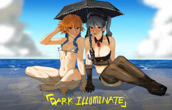 2girls breast_size_difference cleavage grey_hair hirundo_rustica idolmaster idolmaster_cinderella_girls large_breasts lips ninomiya_asuka orange_hair partially_submerged pink_eyes red_eyes short_hair sitting small_breasts string_bikini the_idolm@ster the_idolm@ster_cinderella_girls tomboy twintails umbrella water