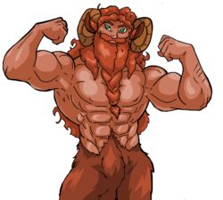 1boy abs animal_ears artist_request auburn_fur bara bartel beard beefy body_fur bodybuilder braided_beard confident facial_hair faun flexing flexing_bicep green_eyes half-human horns humanoid long_beard long_hair_male male male_nipples male_only masculine mature_male muscles muscular_male mustache no_visible_genitalia nude_male orange_hair pecs penis_bulge satyr smooth_skinned_male solo solo_male