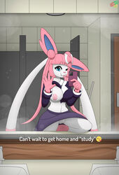 absurd_res anthro bottomwear breasts clothed clothing eeveelution emoji english_text female genitals hair hi_res mammal mirror mirror_selfie nintendo nipples pawronica photo pokémon_(species) pokemon pussy ribbons school_uniform selfie sexting showing_(disambiguation) skirt solo sylveon text uniform video_games