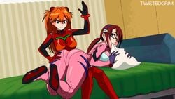 2d 2d_animation 2girls animated asuka_langley_sohryu bed bent_over_lap biting_pillow bodysuit breasts brown_hair butt butt_slap clothed clothing female female_only femdom femsub frown glasses human large_breasts light-skinned_female light_skin long_hair loop mari_illustrious_makinami neon_genesis_evangelion no_sound pillow pillow_bite plugsuit rebuild_of_evangelion red_hair smile spanked_butt spanking twistedgrim video yuri