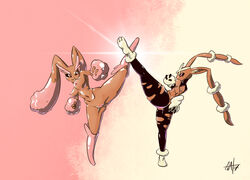 abstract_background absurd_res anthro ass black_sclera bottomwear breasts clitoris clothed clothing duo female fight gatox_(artist) genitals hi_res kick lopunny mega_evolution mega_lopunny navel nintendo nipples nude partially_clothed pink_eyes pokémon_(species) pokemon pokemon_(species) pussy raised_leg shiny_pokemon spread_legs spreading thick_thighs torn_bottomwear torn_clothing video_games