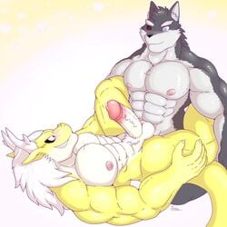 anthro ball canid canine canis darkai dragon duo friend genitals hi_res male male/male mammal muscular nipples penis sex wolf