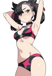 1girls armpits arms_up asymmetrical_bangs bikini black_choker black_hair breasts choker earrings female female_only green_eyes highres jewelry kousuke0912 light_frown marnie_(pokemon) multicolored_bikini navel nintendo pokemon pokemon_ss pokemon_swsh simple_background single_earring small_breasts solo stomach swimsuit twintails two-tone_bikini undercut white_background