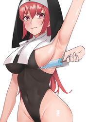 1girls 2021 adapted_uniform arm_up armpit armpit_focus armpits breasts covered_navel embarrassed female female_focus female_only food groin highleg highleg_leotard highres huimise large_breasts leotard nun original popsicle red_hair sideboob simple_background solo_focus