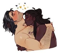 1boy 1boy1girl 1girls arm_hair bast_(artist) black_hair blush body_hair chest_hair dark-skinned_female dark_skin grabbing_hair intimate kiss kiss_mark kissing kissing_neck lipstick_mark looking_pleasured male/female muriel_(the_arcana) muscular_male straight stubble the_apprentice the_arcana wholesome