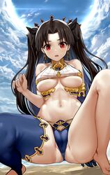 2019 ahoge bangs bare_shoulders barefoot beach bikini black_bow black_hair blue_bikini blue_gloves blue_hair blush bow breasts breasts_apart cameltoe cloud cloudy_sky collarbone day earrings elbow_gloves fate/grand_order fate_(series) female gloves hairbow highres hoop_earrings ishtar_(fate) ishtar_(fate)_(all) jewelry lens_flare long_hair looking_at_viewer medium_breasts mismatched_bikini multicolored_hair navel open_mouth outdoors parted_bangs partially_visible_vulva red_eyes shoutai_(7490773) single_glove single_thighhigh skindentation sky solo squatting stirrup_legwear stomach swimsuit thighhighs thighs toeless_legwear two-tone_hair two_side_up underboob underbust v-shaped_eyebrows very_long_hair white_bikini yizhirenben