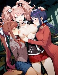 3girls ai_generated blonde_hair blue_hair breast_sucking brown_hair classroom crossover danganronpa doki_doki_literature_club exposed_breasts horror junko_enoshima large_breasts medium_breasts miside mita_(miside) monika_(doki_doki_literature_club) ponytail sucking_nipples threesome twintails uniform villainess yuri