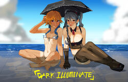 2girls breast_size_difference cleavage grey_hair hirundo_rustica idolmaster idolmaster_cinderella_girls large_breasts lips ninomiya_asuka orange_hair partially_submerged pink_eyes red_eyes short_hair sitting small_breasts string_bikini tan tanline the_idolm@ster the_idolm@ster_cinderella_girls tomboy twintails umbrella water