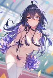 breasts confetti honkai:_star_rail naked naked_female nipples_covered pom_poms purple_hair pussy_covered raaicave seele_(honkai:_star_rail) shoulders stadium_background
