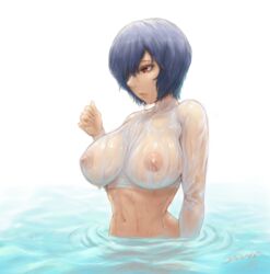 1girls 2021 arm_up belly belly_button big_breasts blue_hair breasts clothing hi_res high_resolution highres large_breasts navel neon_genesis_evangelion nipples nipples_visible_through_clothing red_eyes rei_ayanami see-through see-through_clothing short_dress short_hair water wet wet_clothes yamisouls