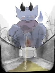 anthro black_horn blue_body blush bodily_fluids closed_eyes clothing colored crouching dia_(wkme) dragon female genital_fluids genitals grass gutter hi_res horn japanese_text mythological_creature mythological_scalie mythology nervous onomatopoeia outside peeing plant pussy scalie solo sound_effects text urine vulva wkme