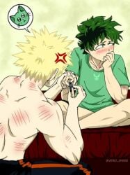 after_sex back bakudeku bakugou_katsuki bare_back blonde_hair blush boku_no_hero_academia bones_(company) crossed_legs curly_hair cute feline freckles greek_mythology green_eyes green_hair izuku_midoriya katsuki_bakugou legs looking male male_only midoriya_izuku my_hero_academia no_shirt not_porn pants safe_for_work scratches sfw shirt shorts shounen_jump siting spiked_hair uo vero_gisse
