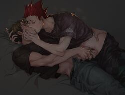 2boys ass_grab brown_hair butt_grab closed_eyes closed_eyes clothing gay haikyuu!! hand_on_ass handjob kissing kissing lying_down lying_on_back male male/male male_only netcrow98 on_back penis penis_grab red_hair satori_tendo unbuttoned_pants ushijima_wakatoshi yaoi