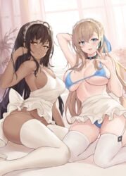 2021 2girls apron arm_behind_head asuna_(blue_archive) bikini black_choker blonde_hair blue_archive blue_bikini blue_eyes breasts brown_hair choker cleaning_&_clearing_(blue_archive) dark-skinned_female dark_skin garter_straps highres index_finger_raised karin_(blue_archive) large_breasts long_hair looking_at_viewer maid_headdress millennium_science_school_student multiple_girls naked_apron panties pdxen sideboob sitting swimsuit thighhighs thighs underwear white_apron white_legwear white_panties yellow_eyes