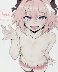 1boy ai_assisted astolfo_(fate) astolfo_(fate/apocrypha) astolfo_(saber)_(fate) bangs black_bow black_thighhighs blush bow braid bulge collarbone cum dolphin_shorts english_text fate/apocrypha fate/grand_order fate_(series) from_above grey_background hair_between_eyes hair_intakes hair_ribbon hairbow heart heart-shaped_pupils long_braid long_hair looking_at_viewer male_focus multicolored_hair navel nipples oerba_yun_fang official_alternate_costume open_mouth otoko_no_ko pectorals pink_hair purple_eyes ribbon saliva short_shorts shorts simple_background single_braid skin_fang smile solo sondu speech_bubble streaked_hair sweat symbol-shaped_pupils thighhighs tongue tongue_out topless_male white_background white_hair