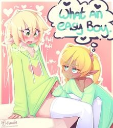 arm_support artist_name blonde_eyebrows blonde_hair blush bodily_fluids border bottomless breath brown_body brown_skin clothed clothing cowlick cum cum_on_clothing duo elf english_text erection eyebrow_through_hair eyebrows eyelashes femboy genital_fluids genitals girly green_eyes hair handjob heart hi_res hoodie hoodie_(artist) humanoid humanoid_pointy_ears legwear long_hair looking_at_another male male/male max_(hoodie) not_furry off_shoulder original penile penis pink_background ponytail sex simple_background sitting smile sophie_(hoodie) sound_effects sweat text thigh_highs thighhighs thought_bubble tongue topwear translucent translucent_hair trap twintails url white_body white_border white_skin