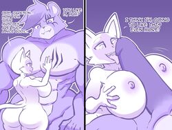 1boy 1girls anthro anthro_on_anthro ass big_breasts big_butt big_penis breast_play breasts dialogue domestic_cat duo english_text felid feline felis female genitals hayakain huge_breasts huge_cock kitty_(hayakain) larger_male licking male male/female mammal manly muscular muscular_male nude oral paizuri penile penis penis_lick scar sex size_difference smaller_female straight text titjob tongue tongue_out