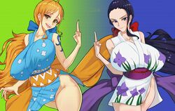 2girls 47_hard black_hair blue_kimono duo female female_only gradient_background green_background indigo_background japanese_clothes kimono multiple_girls nami nico_robin no_panties onami one_piece orange_hair orobi pose post-timeskip pussy wano_country