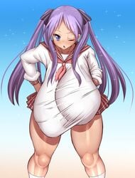 alternate_breast_size blush clothing hanging_breasts huge_breasts hyper_breasts japanese_clothes kagami_hiiragi lucky_star ponkotsuu purple_eyes purple_hair ribbons school_uniform schoolgirl thick_thighs