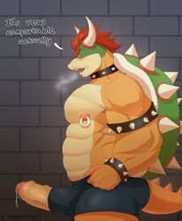 1boy 2021 abs absurd_res anthro armband bara big_muscles big_penis blush bodily_fluids bowser bracelet brick_wall c_andreartz clothing collar dialogue english_text erection eyebrows foreskin gay gay_male genital_fluids genitals hair hi_res horn humanoid_genitalia humanoid_penis jewelry koopa looking_down male male_only mario_(series) muscular muscular_anthro muscular_male nintendo nipple_piercing nipple_ring nipples open_mouth pecs penis piercing poking_out precum scalie shell side_view solo spiked_armband spiked_bracelet spiked_collar spiked_shell spiked_tail spikes spikes_(anatomy) standing text uncut underwear video_games wall_(structure)