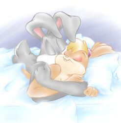 1boy 1boy1girl 1girls anthro bed breasts bugs_bunny closed_eyes cuddling duo female furniture furry hair heartwarming hi_res hug kissing lagomorph leporid littletiger488 lola_bunny looney_tunes love lying male male/female mammal nude rabbit romantic romantic_couple smile warner_brothers wholesome