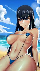 1girls beach big_breasts bikini blue_eyes breasts curvy_figure emotionless eye_contact female kill_la_kill kiryuuin_satsuki long_hair looking_at_viewer micro_bikini mon_eree solo thick_thighs thighs wide_hips