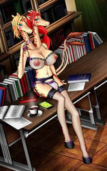 absurd_res anthro balls balls_outline beverage blackorb00 blonde_hair blue_eyes blush book breasts clothing coffee conjoined detailed_bulge diphallia diphallism duo eldamari emmie_and_claire english_text eyewear furniture futanari genital_outline genitals giraffe giraffid glasses green_eyes gynomorph hair hi_res intersex lingerie mammal multi_head multi_penis navel penis red_hair table tail_tuft text translucent tuft unguligrade_legs