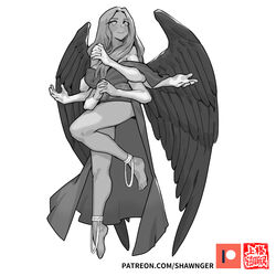 1girls angel angel_wings black_wings crow_wings greyscale long_hair multi_arm multi_limb oc patreon_logo shawnger watermark